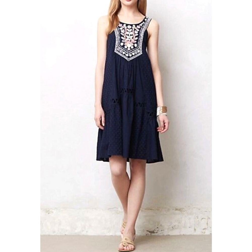 Anthropologie Maeve Womens 8 Blue Tisa Swing Mini Dress Floral Embroidered Boho